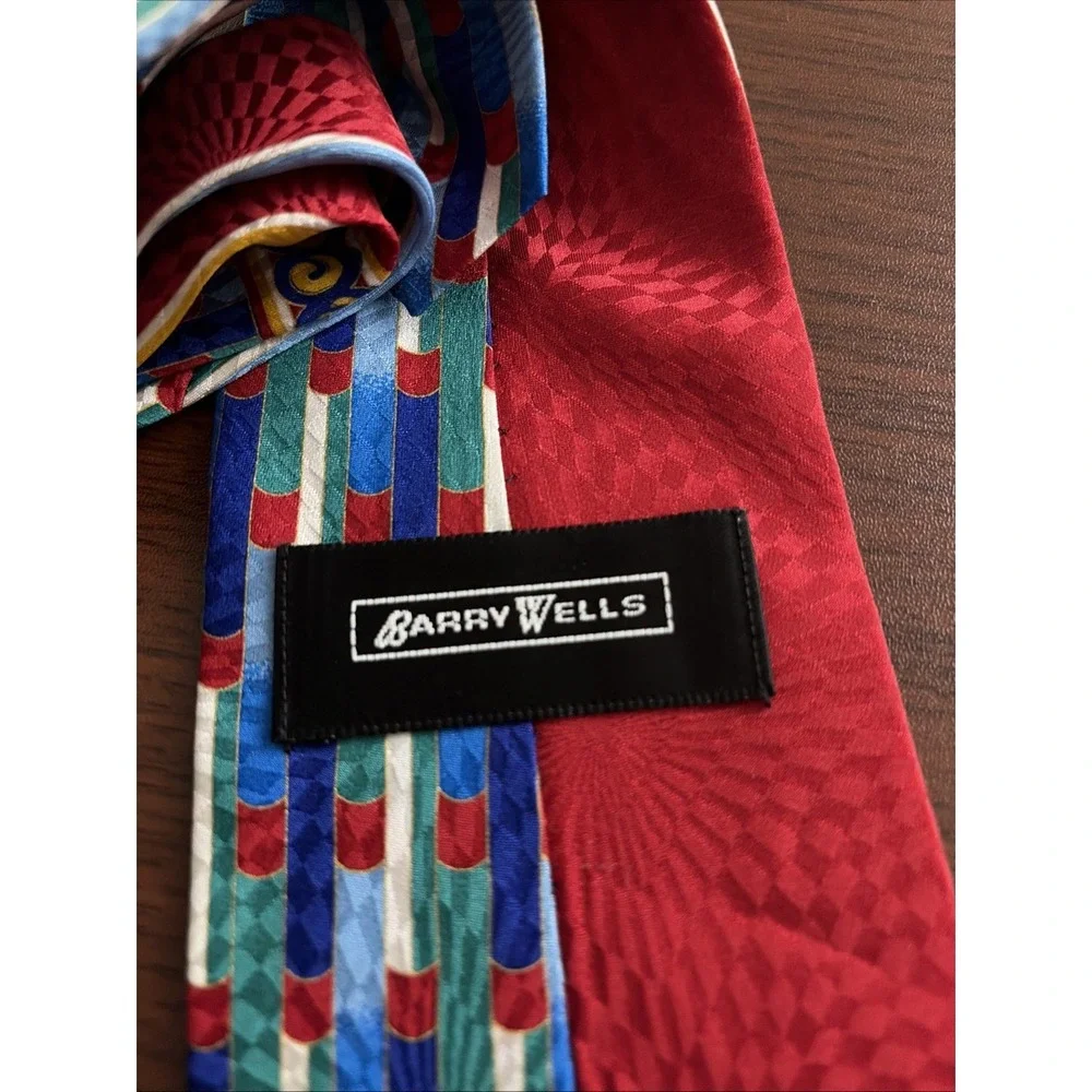 Barry Wells Silk Tie Abstract USA Made Red Blue Green 58